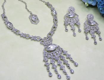 White rhodium premium designer american diamond and stone work necklace set 3