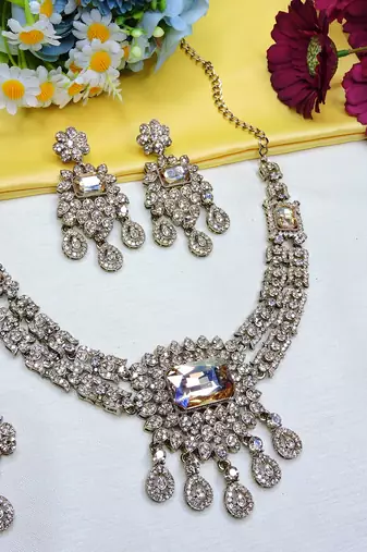 Gold yellow gold premium designer american diamond and stone work necklace set