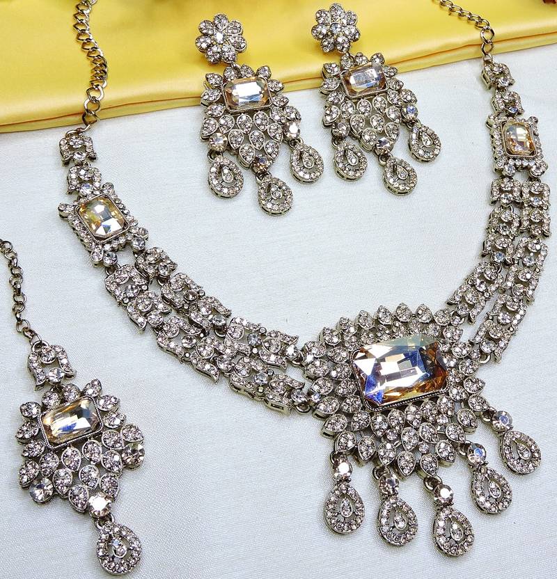 Gold yellow gold premium designer american diamond and stone work necklace set