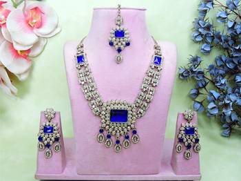 Blue yellow gold premium designer american diamond and stone work necklace set 1