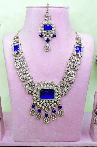 Blue yellow gold premium designer american diamond and stone work necklace set