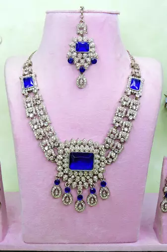 Blue yellow gold premium designer american diamond and stone work necklace set