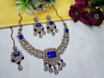 Blue yellow gold premium designer american diamond and stone work necklace set 2