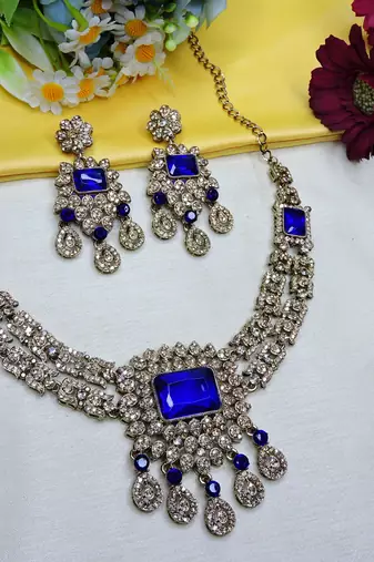 Blue yellow gold premium designer american diamond and stone work necklace set