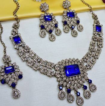 Blue yellow gold premium designer american diamond and stone work necklace set 3