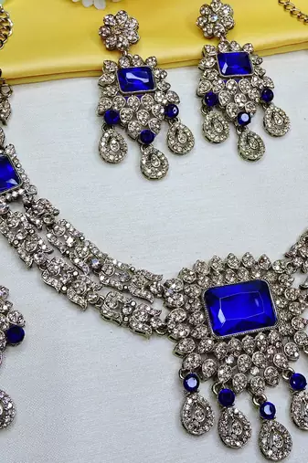 Blue yellow gold premium designer american diamond and stone work necklace set