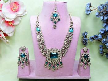 Green yellow gold premium designer american diamond and stone work necklace set 1