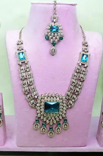 Green yellow gold premium designer american diamond and stone work necklace set