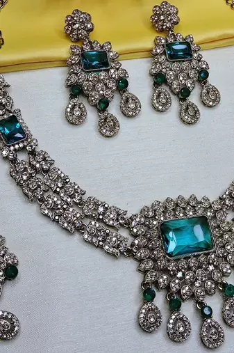 Green yellow gold premium designer american diamond and stone work necklace set