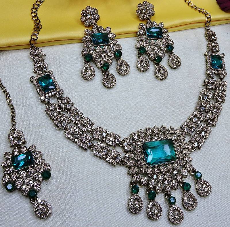 Green yellow gold premium designer american diamond and stone work necklace set