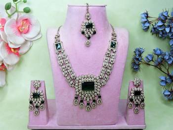 Green yellow gold premium designer american diamond and stone work necklace set 1