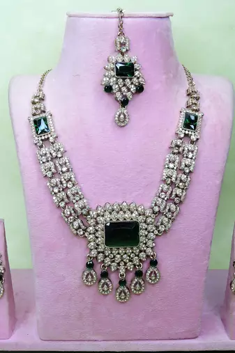 Green yellow gold premium designer american diamond and stone work necklace set
