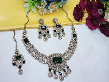 Green yellow gold premium designer american diamond and stone work necklace set 2