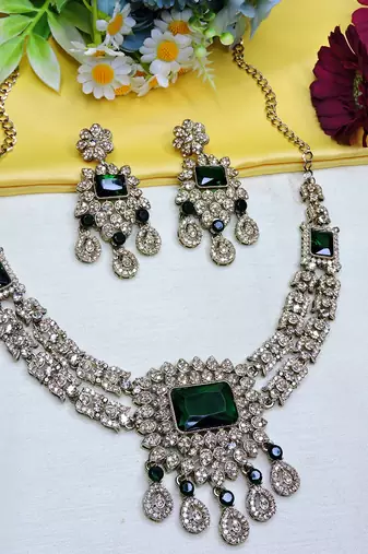 Green yellow gold premium designer american diamond and stone work necklace set