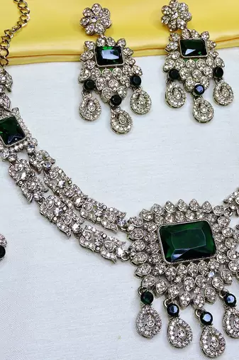 Green yellow gold premium designer american diamond and stone work necklace set