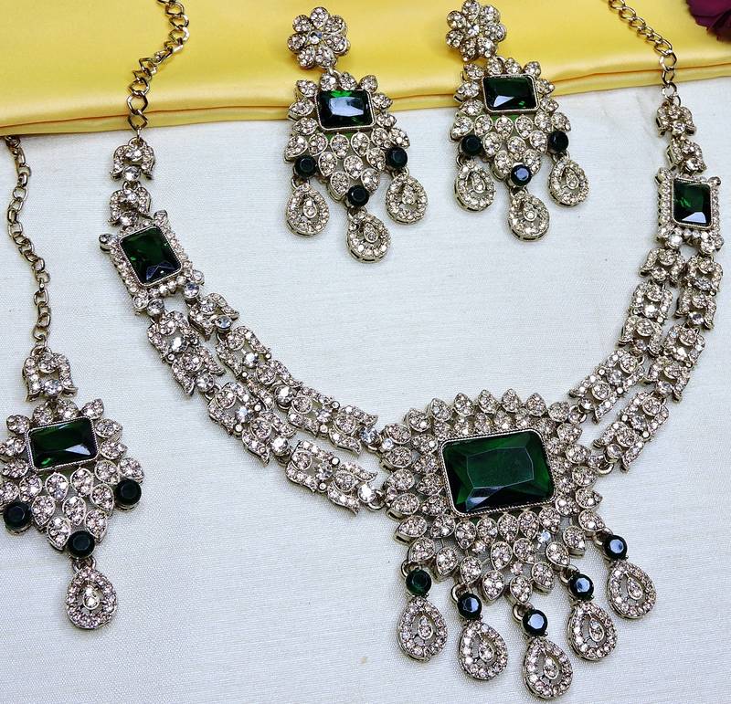 Green yellow gold premium designer american diamond and stone work necklace set