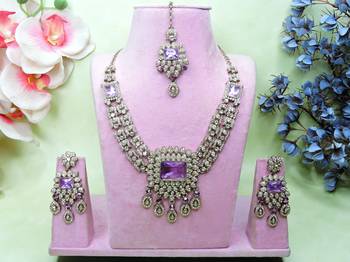 Purple yellow gold premium designer american diamond and stone work necklace set 1