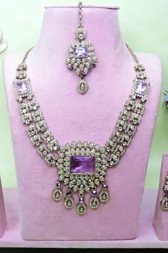 Purple yellow gold premium designer american diamond and stone work necklace set