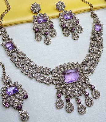 Purple yellow gold premium designer american diamond and stone work necklace set 2
