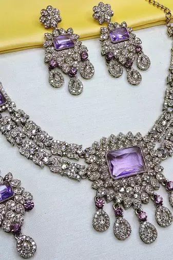 Purple yellow gold premium designer american diamond and stone work necklace set