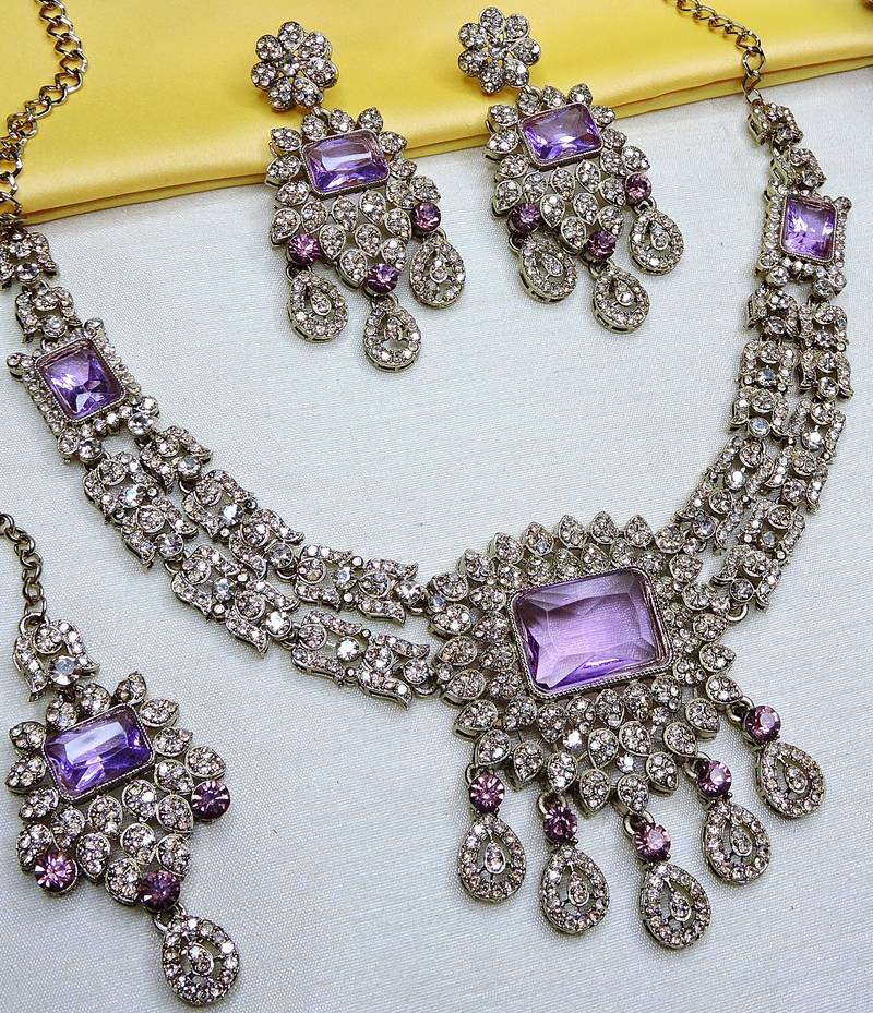 Purple yellow gold premium designer american diamond and stone work necklace set
