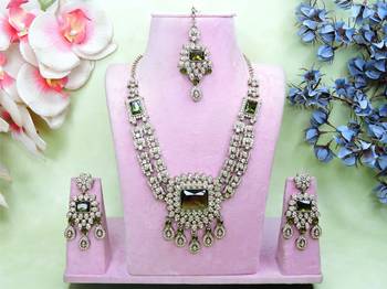 Green yellow gold premium designer american diamond and stone work necklace set 1