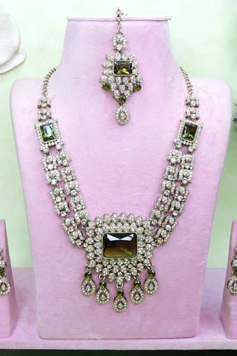 Green yellow gold premium designer american diamond and stone work necklace set