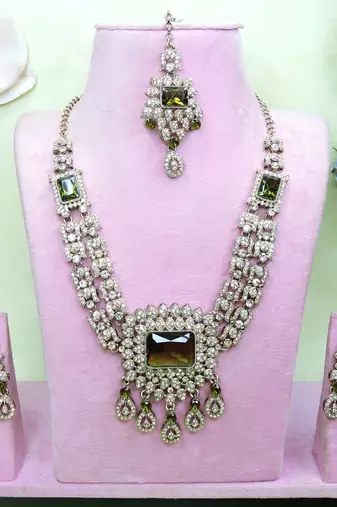 Green yellow gold premium designer american diamond and stone work necklace set