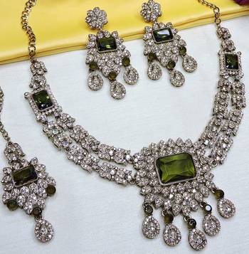 Green yellow gold premium designer american diamond and stone work necklace set 2