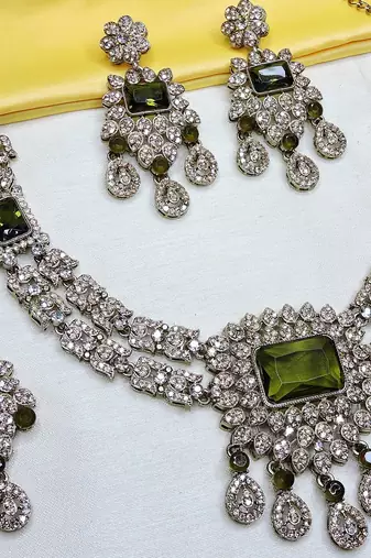 Green yellow gold premium designer american diamond and stone work necklace set