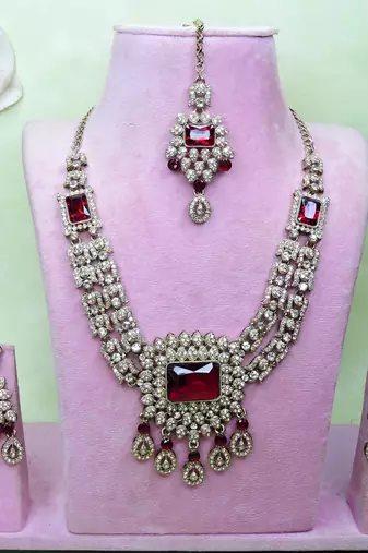 Maroon yellow gold premium designer american diamond and stone work necklace set