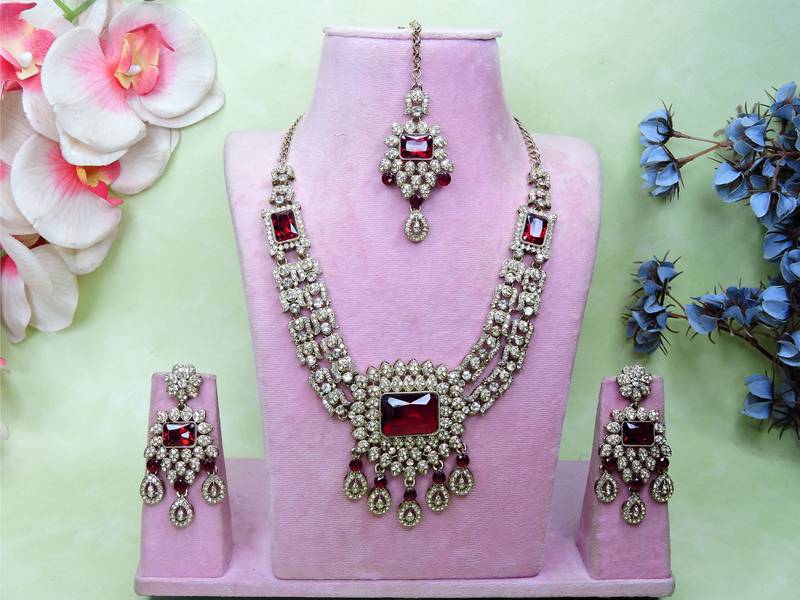 Maroon yellow gold premium designer american diamond and stone work necklace set