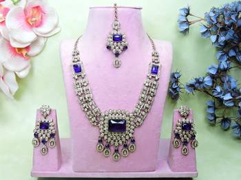 Blue yellow gold premium designer american diamond and stone work necklace set 1