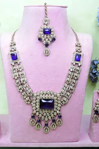 Blue yellow gold premium designer american diamond and stone work necklace set