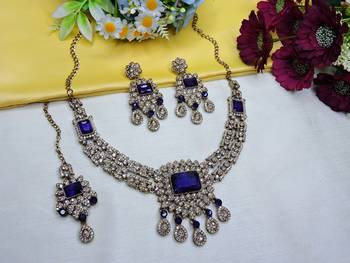 Blue yellow gold premium designer american diamond and stone work necklace set 2