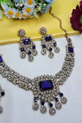 Blue yellow gold premium designer american diamond and stone work necklace set