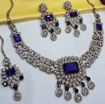 Blue yellow gold premium designer american diamond and stone work necklace set 3
