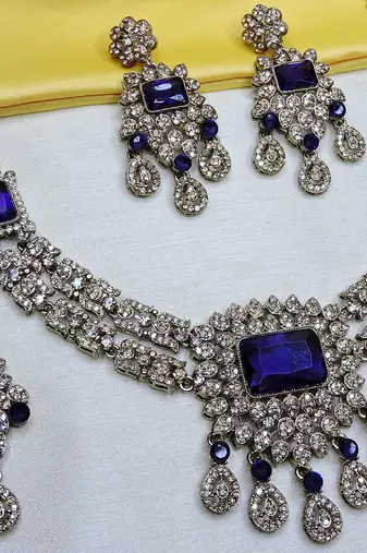 Blue yellow gold premium designer american diamond and stone work necklace set
