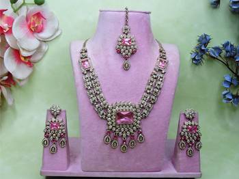 Pink yellow gold premium designer american diamond and stone work necklace set 1