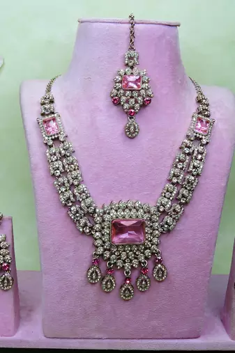 Pink yellow gold premium designer american diamond and stone work necklace set