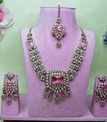 Pink yellow gold premium designer american diamond and stone work necklace set