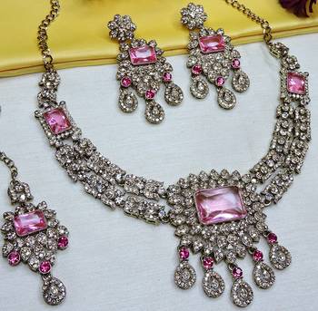 Pink yellow gold premium designer american diamond and stone work necklace set 2