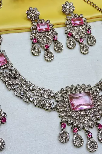 Pink yellow gold premium designer american diamond and stone work necklace set