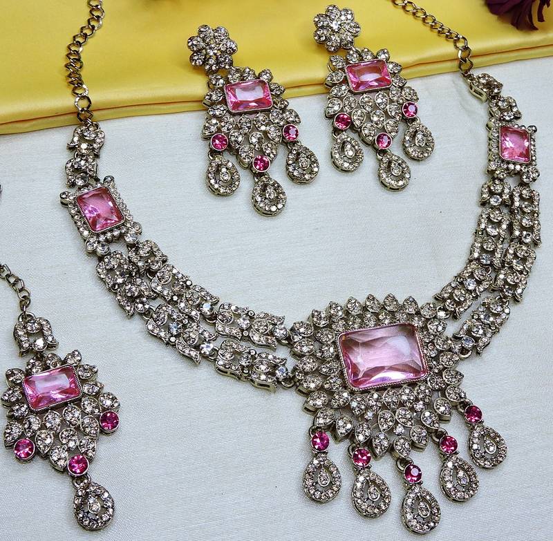 Pink yellow gold premium designer american diamond and stone work necklace set