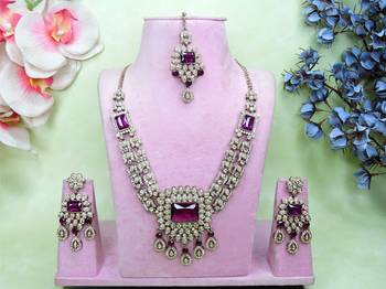 Purple yellow gold premium designer american diamond and stone work necklace set 1
