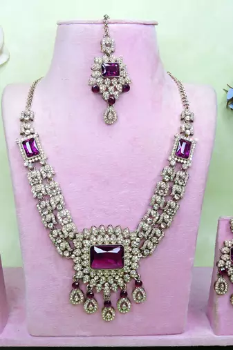 Purple yellow gold premium designer american diamond and stone work necklace set