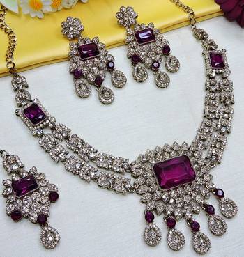 Purple yellow gold premium designer american diamond and stone work necklace set 2