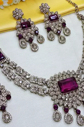 Purple yellow gold premium designer american diamond and stone work necklace set