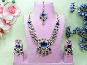 Blue yellow gold premium designer american diamond and stone work necklace set 1