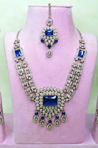 Blue yellow gold premium designer american diamond and stone work necklace set